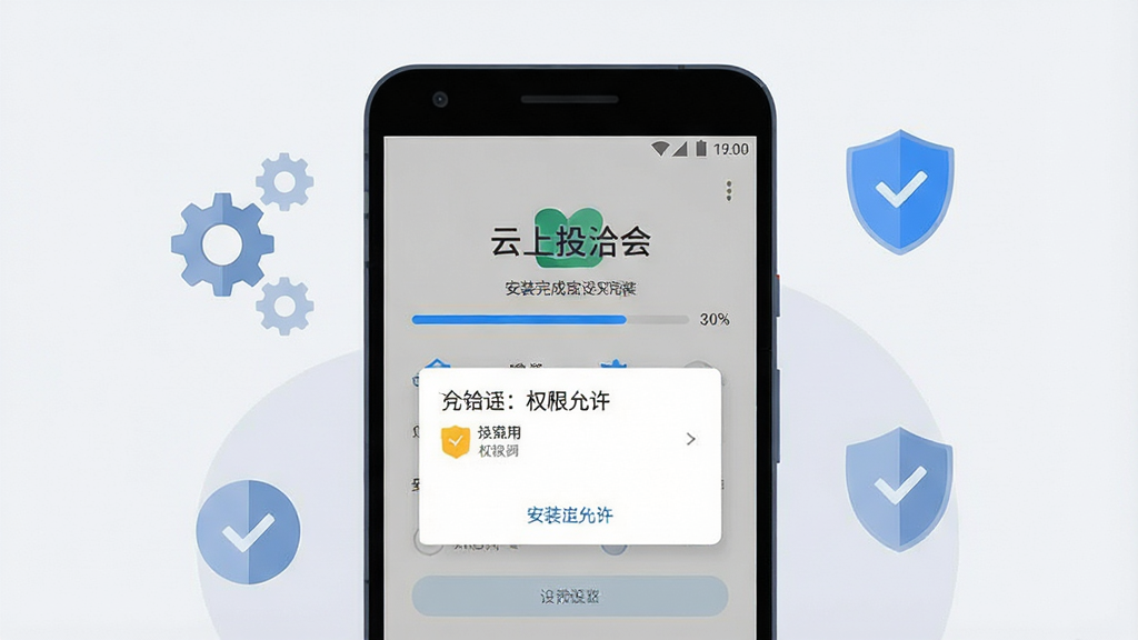 һ�ű��ְ�׿�ֻ���װӦ�ù��̵Ĳ廭������������һ���ֻ�����Ļ��ʾ������ͶǢ�ᡱ��װ��ɽ�����Ȩ����������������Ϊ�ֻ����У���Χ�м��ĳ��ֺͶ���ͼ���ʾ�����밲ȫ���Ű�Ϊ���жԳ�ʽ�����Ϊ��ˬ��ƽ�廭��ϸ�ڰ�����ɫ��������������Ȩ��ѡ���͵�ǳ�ұ��������ʸɾ����޶���Ԫ��