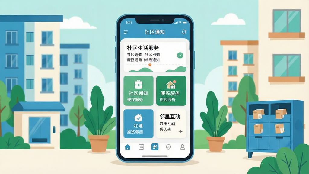 一张展示手机界面的场景图,画面中央是一部竖屏智能手机,屏幕上呈现社区生活服务类应用的首页布局,包含社区通知、便民服务、邻里互动等卡片式入口,手机周围环绕着社区楼宇、绿植、快递柜等生活元素,整体采用清新明亮的扁平插画风格,色调以蓝绿和暖白为主,细节干净整洁,画质清晰,无多余装饰元素