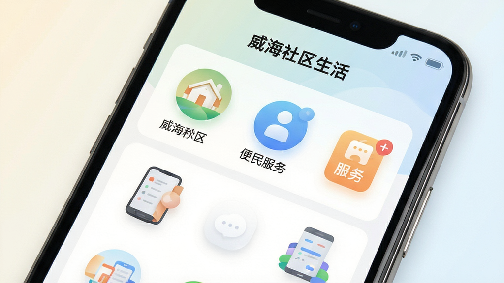 手机应用界面特写,画面展示“威海社区生活”应用中的便民服务聚合页面,多个服务图标整齐排列,背景为浅色渐变,风格简洁现代,画质清晰,构图干净