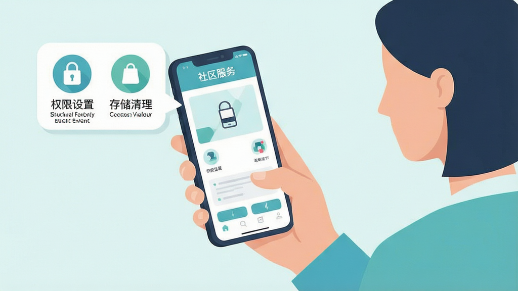 一张手机使用场景示意图,画面展示用户手持手机浏览社区服务应用,屏幕旁有提示气泡标注权限设置与存储清理的图标,风格简洁扁平,色调清爽,画质清晰,构图干净无杂乱元素