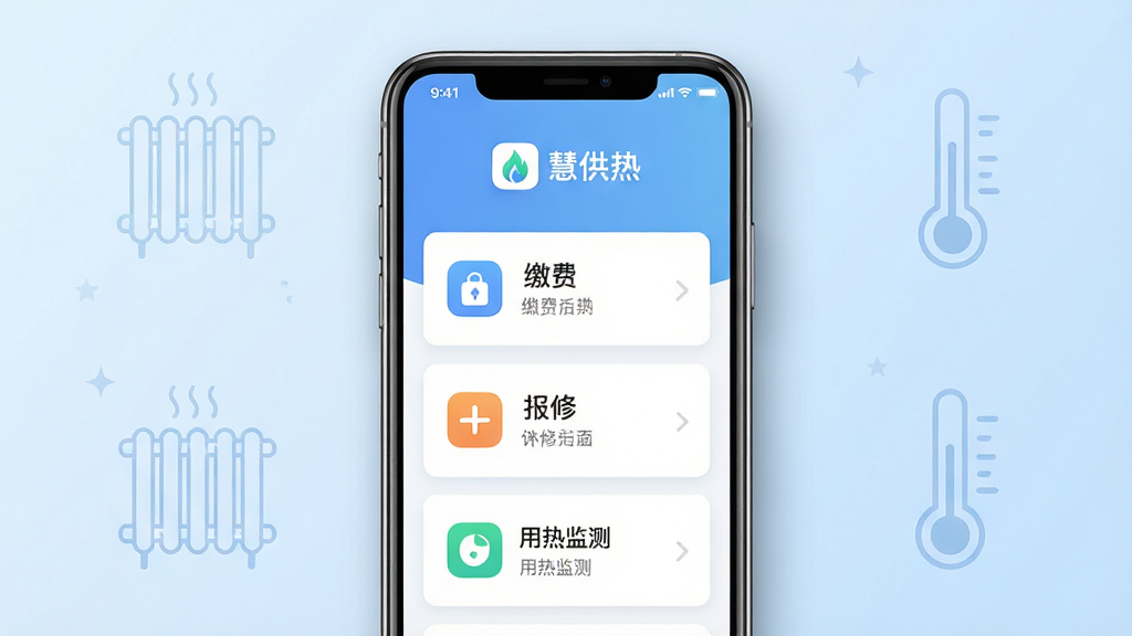 画面主体为一部竖屏智能手机,屏幕中央显示“慧供热”应用主界面,包含缴费、报修、用热监测三个功能卡片;布局采用居中对称构图,手机置于画面正中,背景为浅蓝色渐变;排版上应用图标与文字标题位于屏幕顶部,功能卡片纵向排列;风格为现代扁平化UI展示风格,干净清爽;细节上手机边缘有柔和阴影,背景点缀淡色暖气片与温度计线性图标;画质高清,画面干净,无多余元素