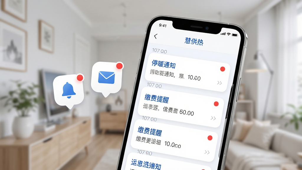 画面主体为手机界面展示“慧供热”消息通知列表,包含停暖通知、缴费提醒等条目;布局为手机居中偏右,左侧悬浮铃铛与信封图标;排版上通知条目按时间倒序排列,未读消息带红点;风格为明亮清新的移动应用展示风;细节上通知卡片为白色圆角,配蓝色标题文字;画质高清,画面干净,无多余元素