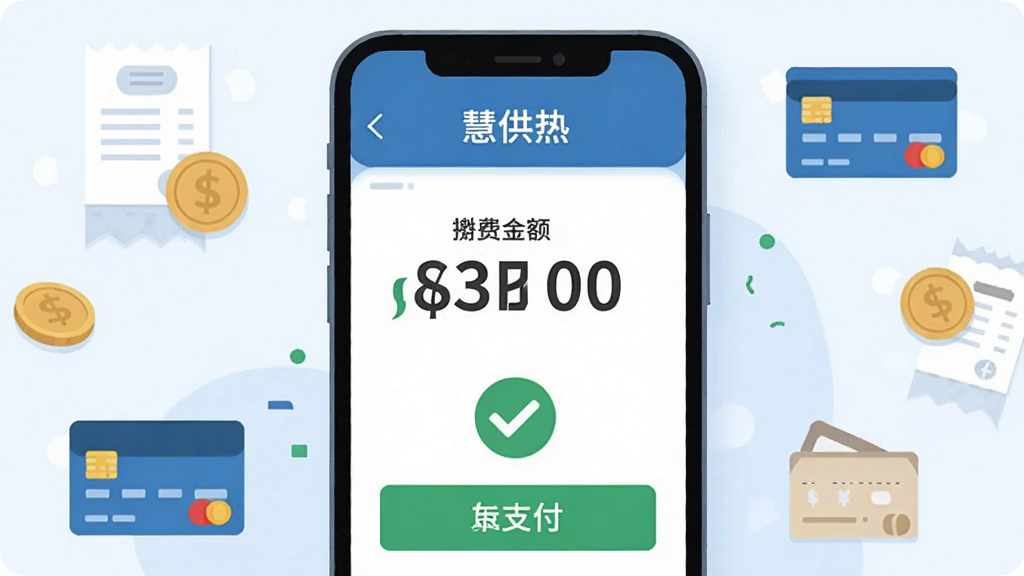 画面主体为手机屏幕特写,显示“慧供热”缴费页面,页面中有金额数字、支付按钮与缴费成功对勾图标;布局为手机居中,周围环绕账单、硬币、支付卡等扁平化小图标;排版上金额信息位于视觉中心,按钮位于下方;风格为清新商务扁平插画风;细节上配色以蓝白为主,点缀绿色成功标识;画质清晰,画面干净,无多余元素