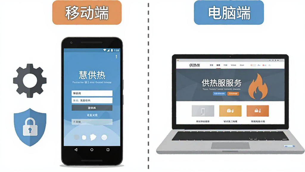 画面主体为一部安卓手机与一台笔记本电脑并排摆放,手机屏幕显示“慧供热”登录页,电脑屏幕显示供热服务网页;布局为左右对比构图,中间用虚线分隔;排版上手机与电脑各占一侧,顶部有“移动端”“电脑端”文字标签;风格为扁平化对比说明插画风;细节上手机旁放置齿轮与盾牌图标表示设置与安全;画质清晰,画面干净,无多余元素