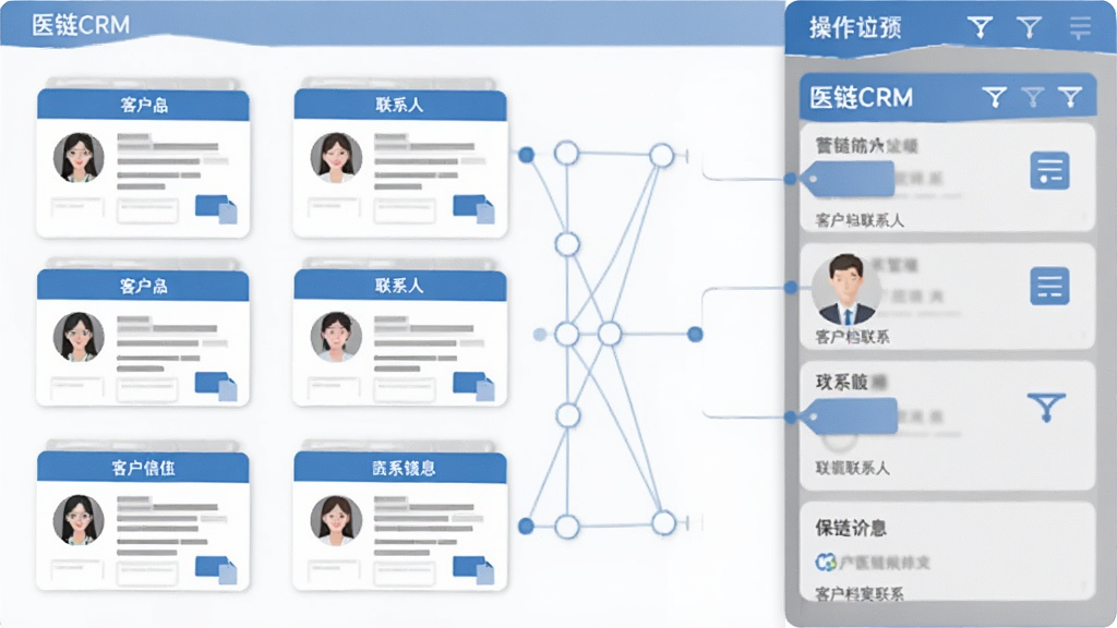 一张表现客户档案管理场景的插画,画面左侧是排列整齐的客户信息卡片,右侧是带有标签和筛选图标的操作面板,中间以连接线展示客户与联系人之间的关联关系,整体采用扁平化商务风格,配色以蓝白灰为主,画面中带有“医链CRM”字样的界面元素,画质干净清晰