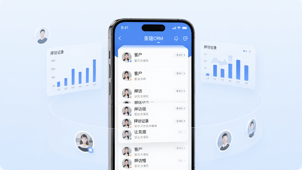 一张展示医链CRM手机端主界面的产品渲染图,画面中央是一部竖屏智能手机,屏幕内呈现客户列表与拜访记录卡片式布局,手机周围环绕半透明的数据图表和联系人图标,背景为干净的浅蓝渐变,整体风格简洁商务,细节清晰,画质干净,无多余元素