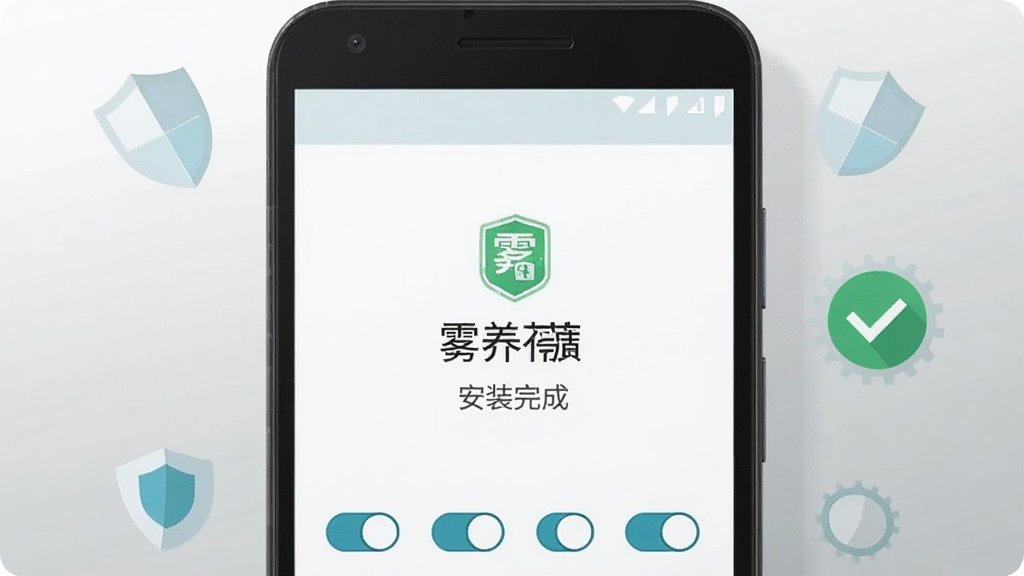 一部安卓手机屏幕显示“雾养葆”安装完成界面,旁边有盾牌图标和勾选标记,手机下方排列权限开关小图标,背景为浅灰色简洁渐变,风格为扁平科技插画,构图以手机为中心、图标环绕,细节清晰,画质干净高清,无多余元素