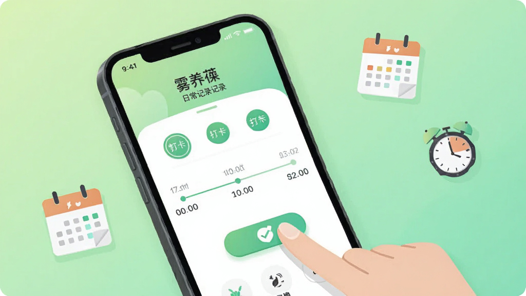 手机屏幕显示“雾养葆”日常记录页面,页面中有打卡圆圈、时间轴和习惯图标,一只手正点击屏幕上的打卡按钮,背景为浅绿色渐变,周围点缀日历和时钟小图标,风格为现代扁平UI插画,排版简洁清晰,细节精致,画质干净高清,无多余装饰元素