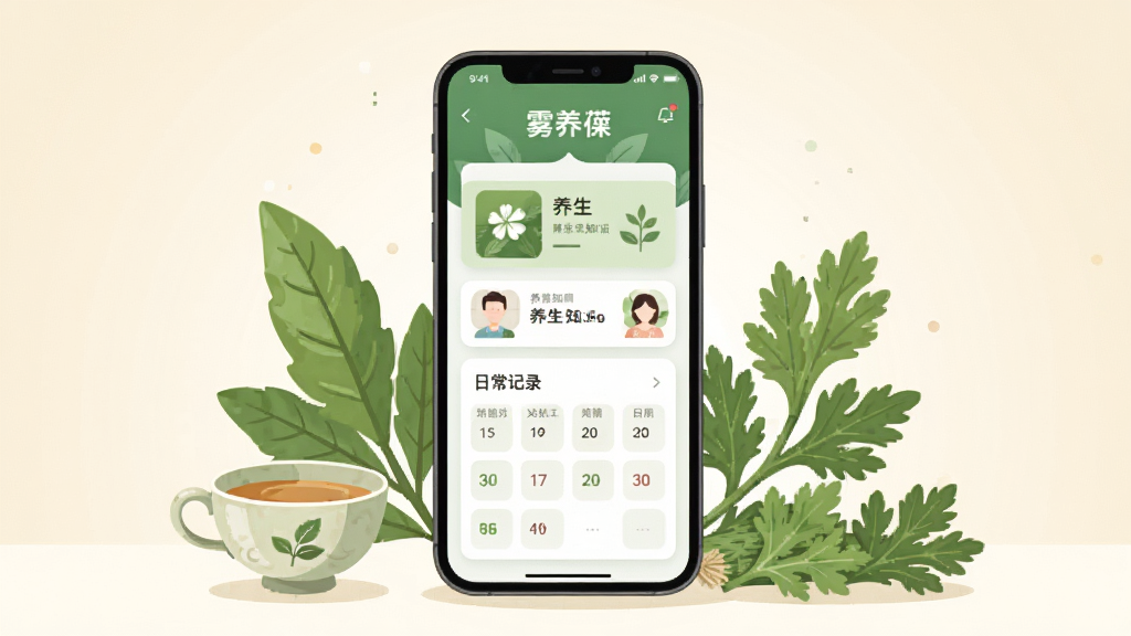 画面中央放置一部智能手机,手机屏幕上显示“雾养葆”应用主界面,界面包含养生知识卡片与日常记录模块,手机周围环绕绿叶、茶杯、艾草等养生元素,背景为浅米色柔和渐变,整体采用扁平插画风格,细节干净利落,排版居中对称,画质清晰细腻,画面干净无多余元素