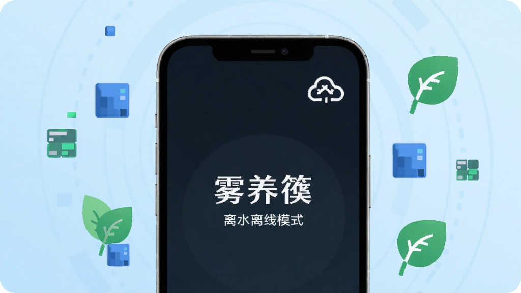 手机屏幕显示“雾养葆”离线模式界面,界面角落有云朵断开的离线标识,手机周围漂浮着数据方块和绿叶图标,背景为浅蓝色科技感渐变,风格为简约扁平插画,布局以手机居中、元素环绕,细节清爽,画质高清,画面干净无多余元素