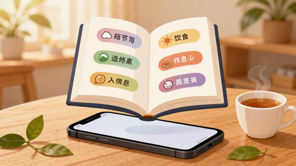 画面主体为一本翻开的电子书悬浮在手机屏幕上方,书页上浮现节气、饮食、作息等图标标签,手机放置在木质桌面上,旁边有一杯热茶和几片绿叶,背景为暖色调虚化处理,风格为清新扁平插画,布局上书本与手机形成上下呼应,细节柔和,画质高清,画面干净无多余元素