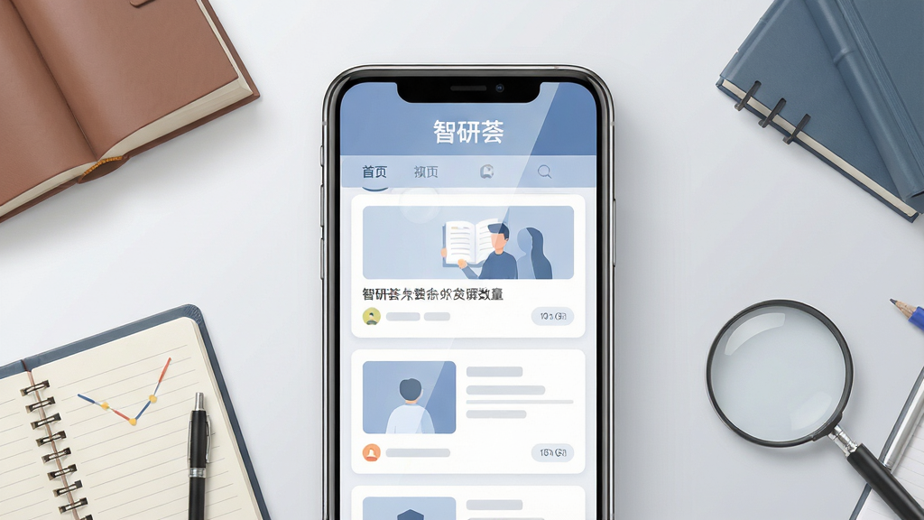 一张展示智研荟软件移动端界面的场景图,画面主体为一部竖屏智能手机,屏幕上显示智研荟首页信息流列表,标题栏清晰可见“智研荟”三个字,手机周围散布着书籍、笔记本、放大镜等研究元素,布局为居中构图、手机占画面主要位置,排版上文字信息位于屏幕上方、内容卡片纵向排列,风格为清爽扁平化科技风,细节上手机边框圆润、屏幕反光自然、背景为浅灰渐变,画质高清、画面干净、无多余元素