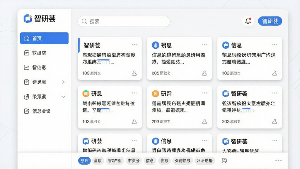 一张表现智研荟多源信息聚合功能的示意图,画面主体为智研荟软件的信息聚合页面,布局为左侧分类导航栏、右侧内容卡片流,排版上顶部为搜索框、中部为多列信息卡片、底部为标签栏,风格为现代简约商务风,细节上卡片带有轻微阴影、分类图标线条简洁、页面中可见“智研荟”标识,画质高清、画面干净、无多余元素