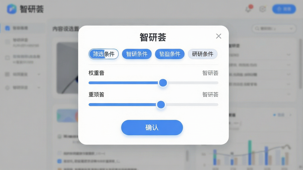 一张展示智研荟智能筛选功能的场景图,画面主体为智研荟软件的内容筛选设置界面,布局为居中弹窗式面板,排版上顶部为筛选条件标签、中部为权重调节滑块、底部为确认按钮,风格为柔和圆角浅色风,细节上滑块带有蓝色高亮、标签以胶囊形状呈现、界面中可见“智研荟”字样,画质高清、画面干净、无多余元素