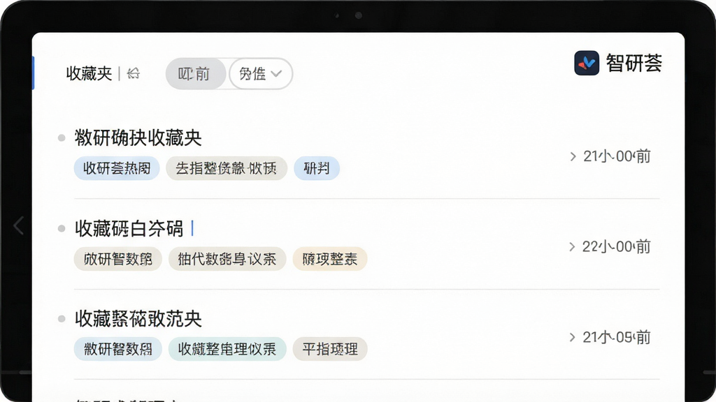 一张表现智研荟收藏整理功能的示意图,画面主体为智研荟软件的收藏夹页面,布局为纵向列表式,排版上每条收藏带有标题、标签与时间信息、顶部为分类切换栏,风格为素雅极简风,细节上标签以浅色底衬托、列表间距宽松、页面右上角可见“智研荟”图标,画质高清、画面干净、无多余元素