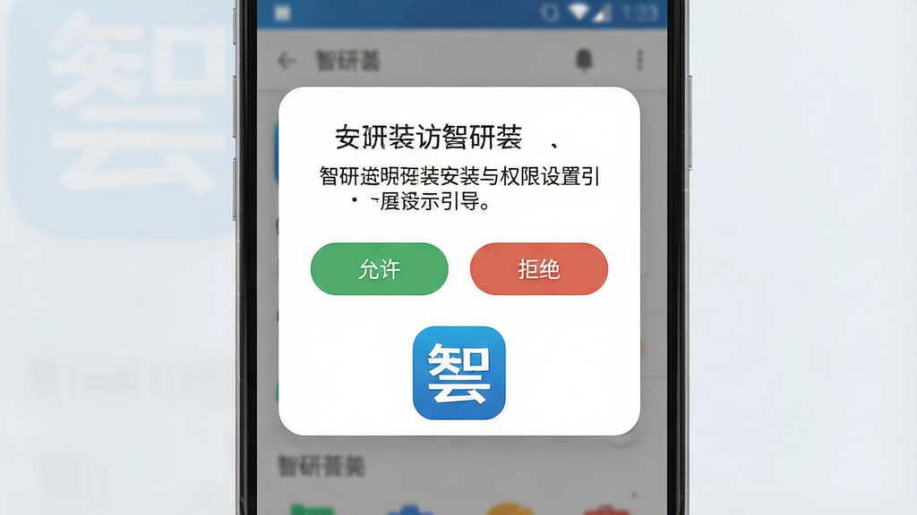 一张展示智研荟安装与权限设置引导的示意图,画面主体为智研荟软件在安卓手机上的安装权限弹窗界面,布局为居中弹窗构图,排版上弹窗顶部为权限说明文字、中部为允许与拒绝按钮、底部为智研荟应用图标,风格为清爽扁平化风,细节上按钮带有轻微圆角、文字清晰可读、背景为浅色半透明遮罩,画质高清、画面干净、无多余元素