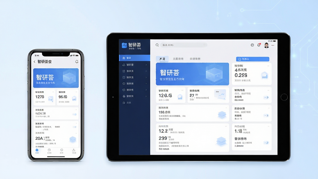 一张展示智研荟轻量运行特性的示意图,画面主体为智研荟软件在平板与手机双设备上的适配展示,布局为左右并排构图,排版上左侧手机竖屏、右侧平板横屏、均显示智研荟主界面,风格为清爽科技风,细节上设备边框简洁、屏幕内容清晰、背景为浅蓝渐变,画质高清、画面干净、无多余元素