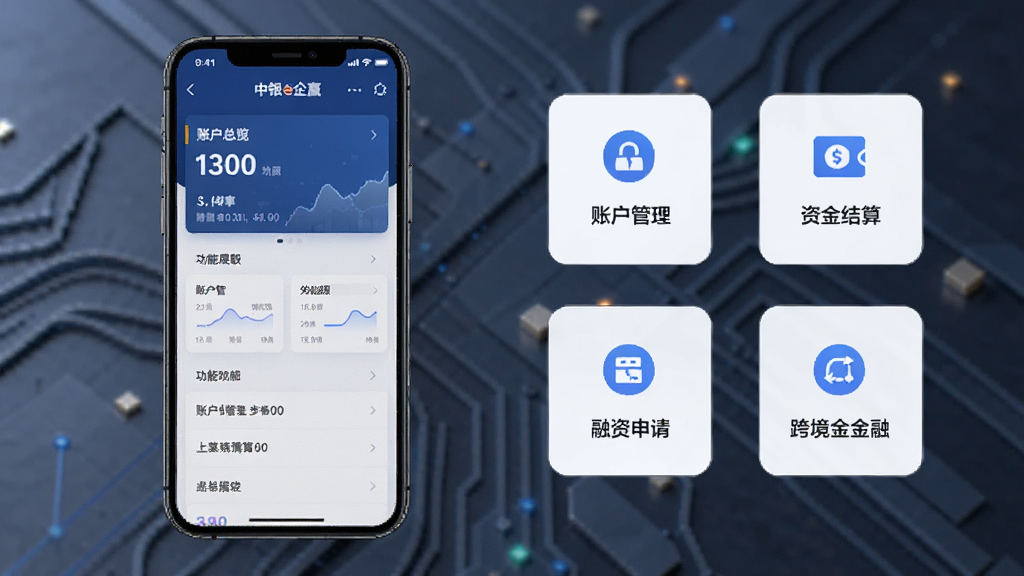 主体为中银e企赢应用界面展示,布局采用居中构图,左侧放置手机屏幕呈现账户总览与功能菜单,右侧以简洁图标环绕展示账户管理、资金结算、融资申请、跨境金融等核心模块,排版清晰有序,风格为现代商务科技感,细节注重界面卡片层次与数据可视化元素,画质高清,画面干净,无多余元素