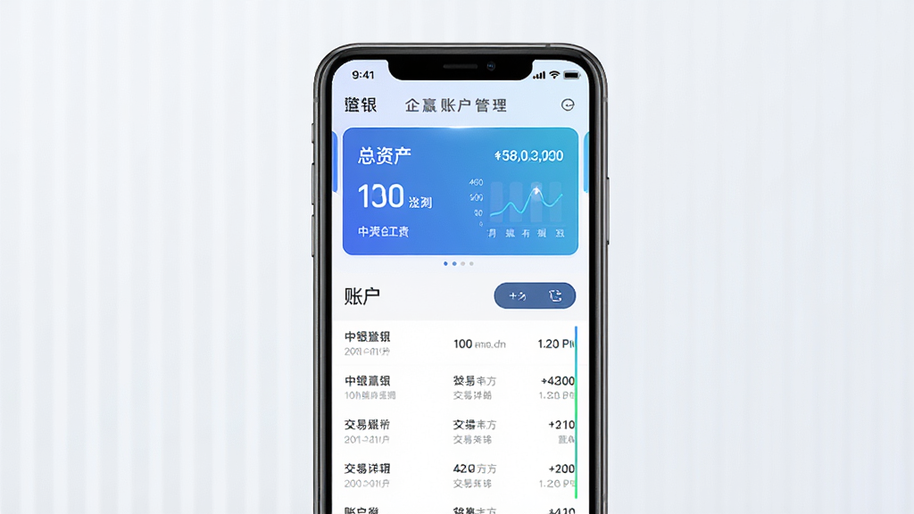 中银e企赢账户管理功能展示,主体为手机屏幕显示多账户汇总界面,布局为上下分层结构,上方为总资产卡片,下方为账户列表与交易明细,排版简洁规整,风格为清爽商务风,细节包括数据图表与筛选按钮,画质高清,画面干净,无多余元素