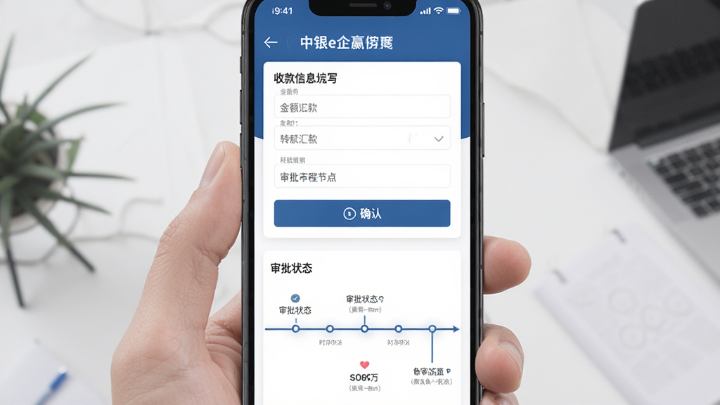 中银e企赢资金结算场景,主体为手机界面展示转账汇款表单与审批流程节点,布局为纵向流程式排版,上方为收款信息填写区,下方为审批状态时间轴,风格为简约商务风,细节包含金额输入框与确认按钮,画质高清,画面干净,无多余元素