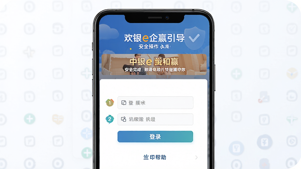 中银e企赢新手操作引导界面,主体为手机屏幕展示安装完成后的首次登录引导页,布局为上下结构,上方为欢迎标题与安全提示横幅,下方为登录表单与帮助入口,风格为友好指引风,细节包括步骤序号与图标提示,画质高清,画面干净,无多余元素