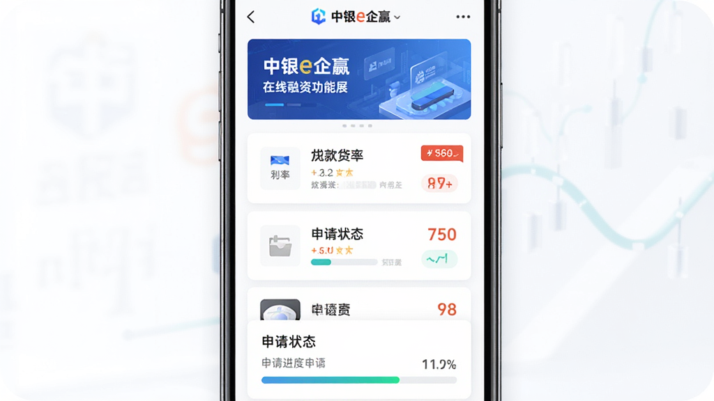 中银e企赢在线融资功能展示,主体为手机屏幕呈现贷款产品列表与申请进度条,布局为卡片式纵向排列,上方为产品推荐横幅,下方为申请状态卡片,风格为专业金融科技风,细节包括利率标签与进度指示器,画质高清,画面干净,无多余元素