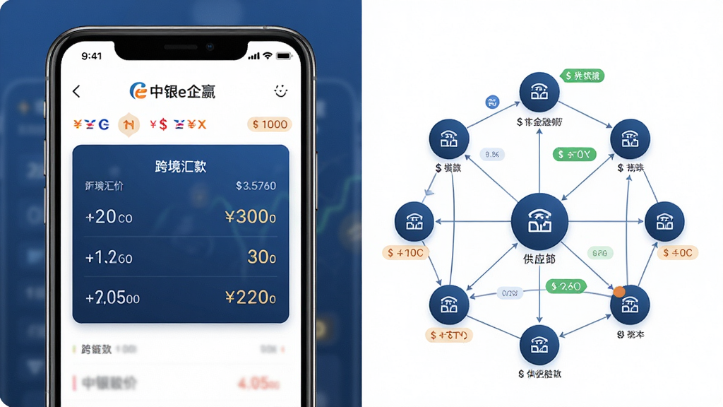 中银e企赢跨境金融与供应链功能展示,主体为手机屏幕呈现跨境汇款界面与供应链关系图谱,布局为左右分栏结构,左侧为汇率牌价卡片,右侧为供应链节点连线图,风格为国际化商务风,细节包括多币种标识与节点状态标签,画质高清,画面干净,无多余元素