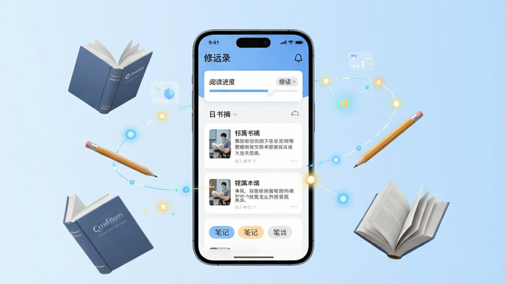画面中央放置一部智能手机,手机屏幕显示修远录软件的主界面,界面采用简洁的卡片式布局,包含阅读进度条、书摘列表和笔记分类标签;手机周围环绕悬浮的书本、铅笔和发光的数据节点,象征知识记录与整理;背景为浅蓝色渐变,风格清新现代,细节清晰,画质干净,无多余元素