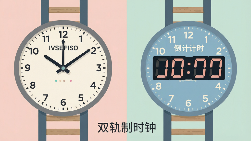 两个独立运行的时钟轨道并排展示,左侧轨道显示标准时间指针,右侧轨道显示倒计时数字,画面风格扁平化设计,布局对称均衡,配色柔和,细节精致,画质清晰,干净无杂乱元素,画面中带有