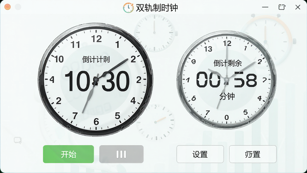 一个桌面时钟软件界面,主表盘显示当前时间,副表盘显示倒计时剩余分钟数,界面下方有开始暂停按钮和设置选项,整体风格清爽浅色,布局合理,细节丰富,画质高清,画面中带有
