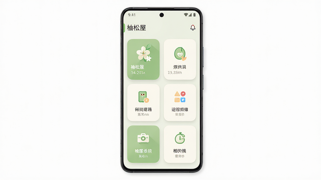 主体为一部竖屏安卓手机,屏幕上展示柚松屋应用首页界面,包含卡片式功能入口与清爽的浅色背景;布局为手机居中放置于画面中央,四周留白充足;排版简洁,顶部为应用名称“柚松屋”,中部为功能图标网格;风格为现代扁平化UI展示风,色调以浅绿与米白为主;细节包含圆角卡片、柔和阴影、清晰的图标线条;画质高清,画面干净,无多余元素