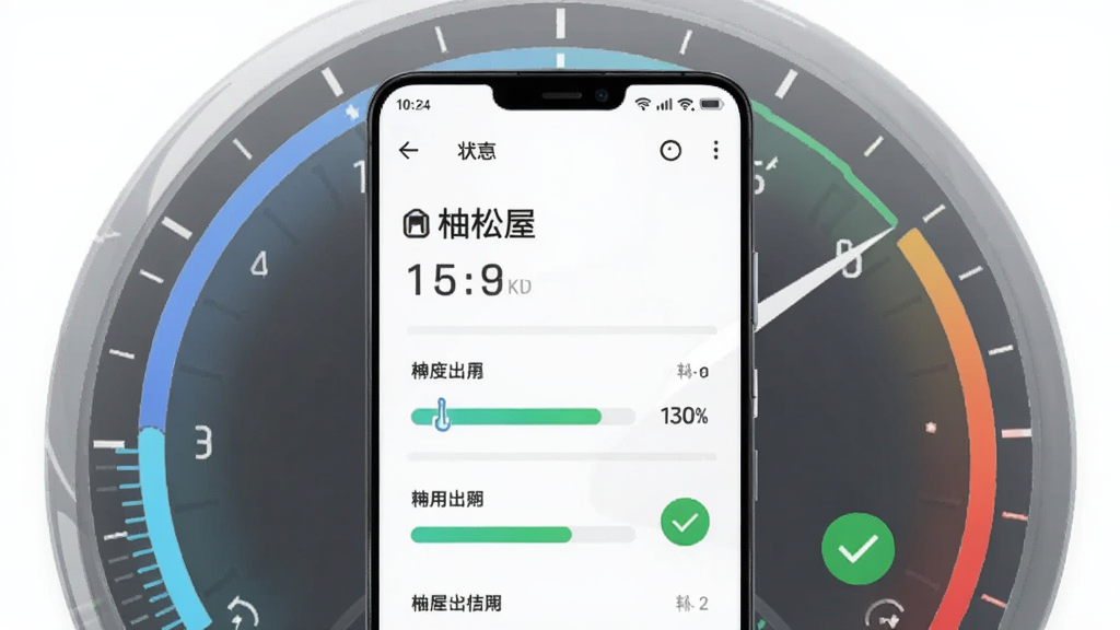 主体为一部中端安卓手机与性能仪表盘元素组合,屏幕显示柚松屋运行状态页面;布局为手机居中,仪表盘半透明叠加于背景;排版简洁;风格为科技感数据可视化风;细节包含流畅曲线、内存占用指示条、绿色对勾标识;画质清晰,画面干净,无多余元素