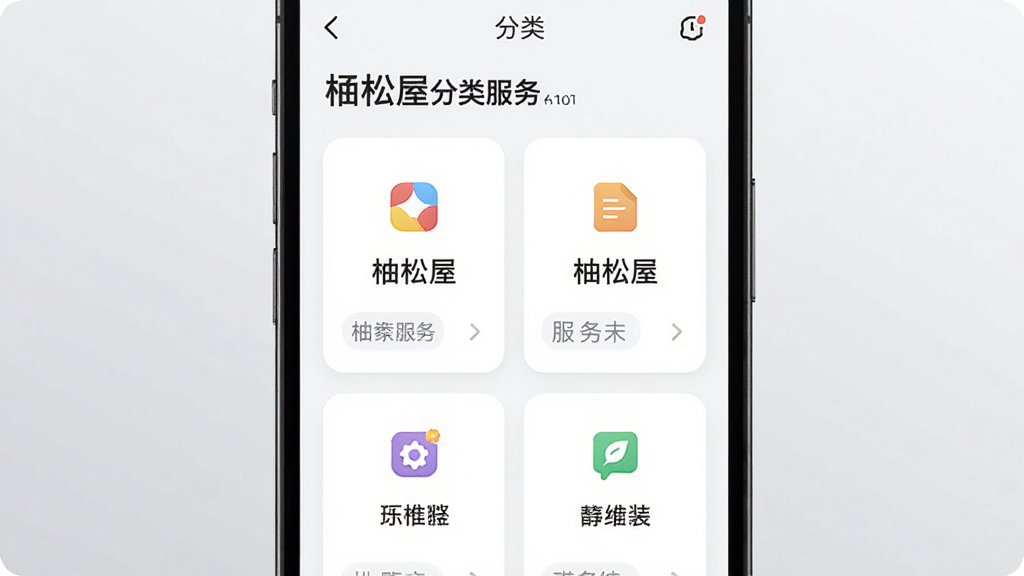 主体为一部手机屏幕特写,显示柚松屋分类服务列表页面,多个功能卡片整齐排列;布局为手机居中,背景为浅灰渐变;排版突出分类标签与图标;风格为清新简约的移动端界面展示;细节包含彩色小图标、圆角卡片、分隔线;画质清晰,画面干净,无多余元素