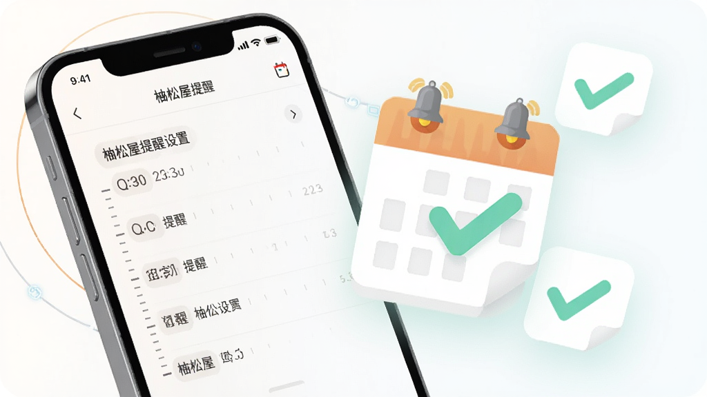 主体为手机与日历元素组合画面,手机屏幕显示柚松屋提醒设置界面,旁边漂浮日历图标与对勾符号;布局为手机偏左、图标环绕右侧;排版错落有致;风格为轻量化科技插画风;细节包含时间刻度、提醒铃铛、柔和光晕;画质高清,画面干净,无多余元素
