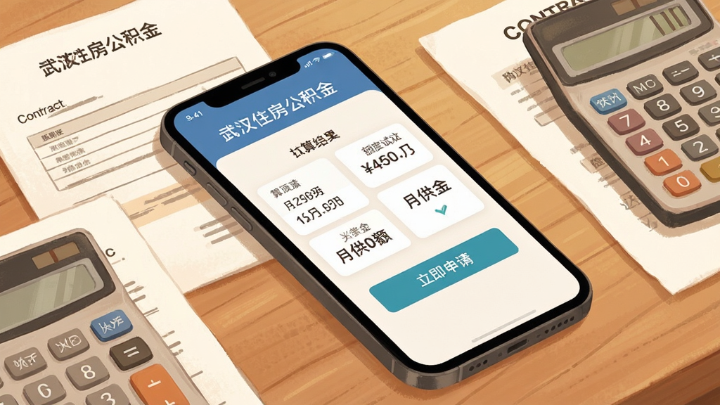 武汉住房公积金应用贷款计算器界面,屏幕中央显示额度试算结果和月供金额,旁边有“立即申请”按钮;布局为手机平放在木质桌面上,周围散落着购房合同和计算器;风格为生活场景插画,色调温暖;画质细腻,画面干净无杂乱元素。