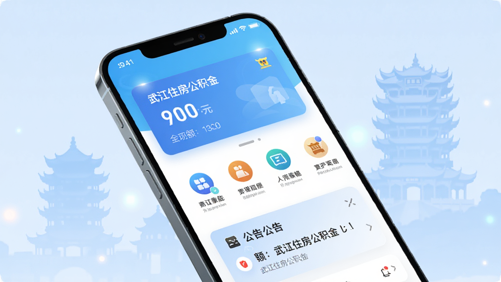 画面主体是一部智能手机,屏幕上显示武汉住房公积金应用的主界面,包含余额卡片、功能图标和公告栏;布局采用居中构图,手机略微倾斜,背景是柔和的浅蓝色渐变,点缀武汉地标建筑黄鹤楼的淡色剪影;风格为扁平化科技插画,细节处有微光质感;画质清晰锐利,画面干净无多余元素。