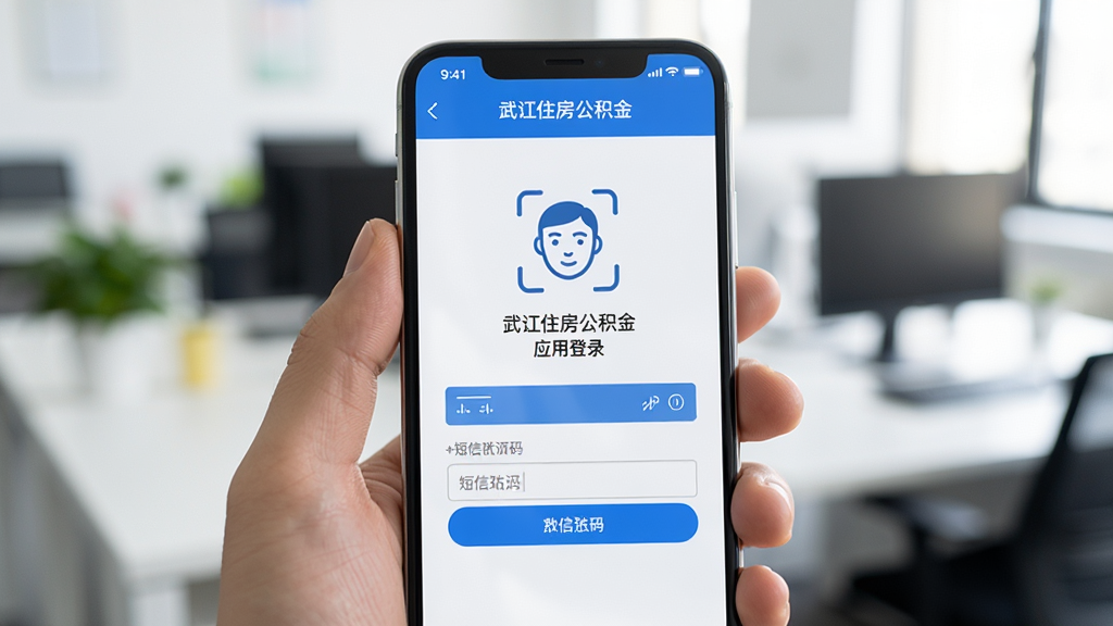 手机屏幕显示武汉住房公积金应用登录页面,有人脸识别图标和短信验证码输入框;布局为手持手机的特写,背景是模糊的办公环境;风格为写实摄影,光线明亮;画质清晰,画面干净,重点突出屏幕内容。