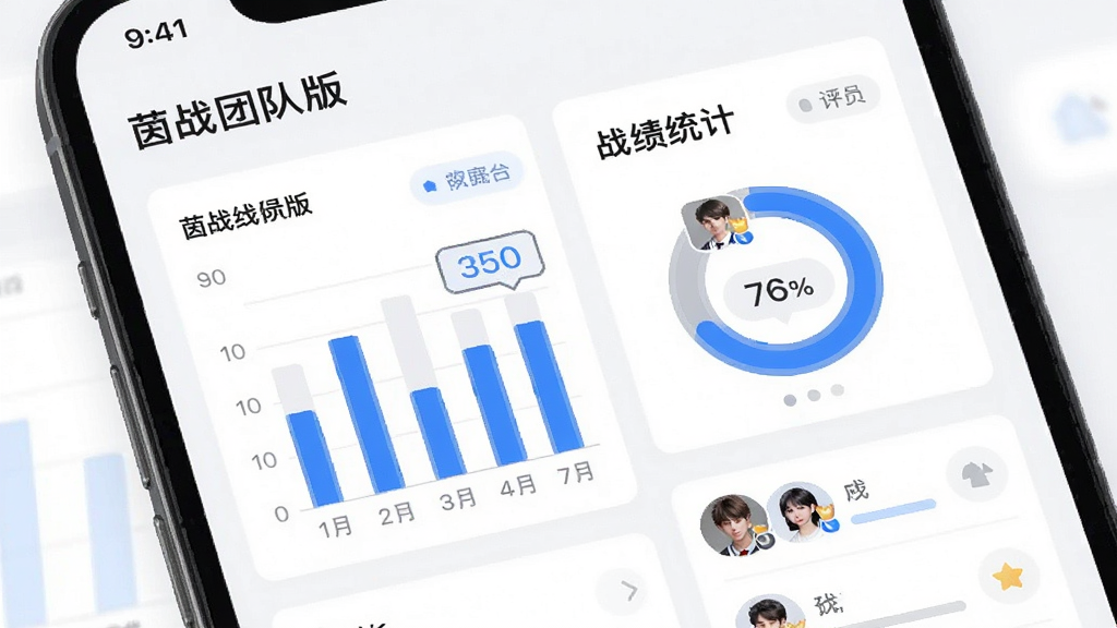 主体为手机屏幕中的“茵战团队版”战绩统计页面,界面包含柱状图与环形评分图,队伍成员头像排列在数据卡片旁;布局为上下分层的信息卡片式排版;风格为清爽浅色商务风,白底搭配蓝色数据条;细节上突出数字标签与角色图标,画质清晰干净,无多余装饰
