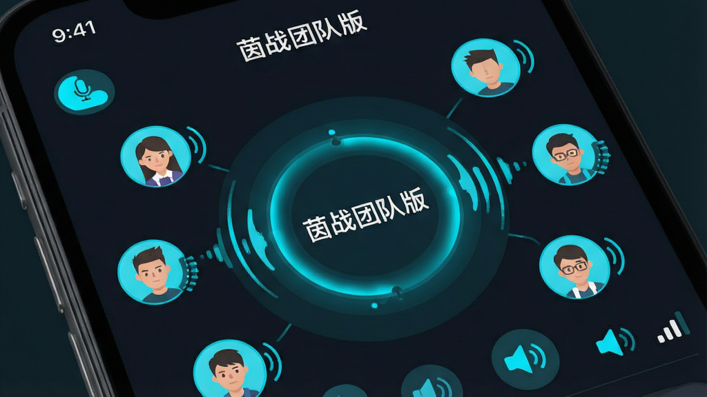 主体为手机屏幕特写,画面中显示“茵战团队版”语音频道界面,多名队员头像环绕排列并带有声波波动图标;布局上以圆形声波为中心向外扩散;风格为简洁扁平化,配色以深色背景搭配亮青色高亮;细节上体现麦克风开关、扬声器图标与网络状态标识,画质干净清晰,无多余元素