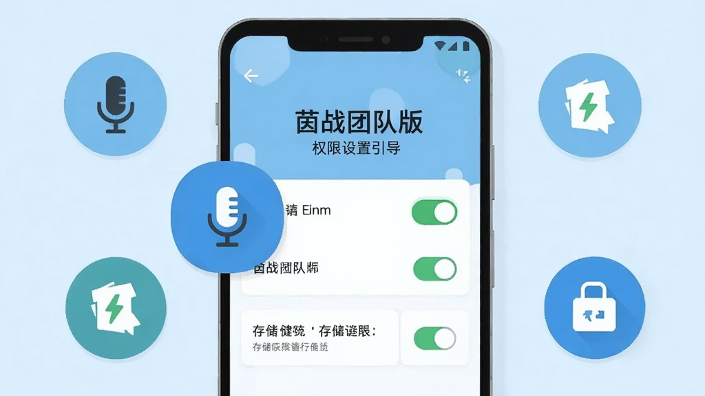 主体为一部竖屏安卓手机,屏幕显示“茵战团队版”权限设置引导页,画面中叠加麦克风与存储权限图标;布局为手机居中、权限图标环绕两侧;风格为扁平化教程插画风,配色以浅蓝与白色为主;细节上突出权限开关状态与提示文字框,画质清晰干净,无多余装饰