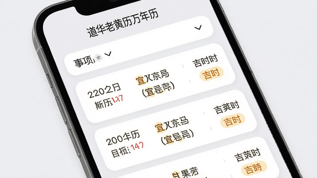 手机屏幕显示“道华老黄历万年历”的吉日查询结果页面,顶部有事项筛选下拉框,下方为日期列表,每条记录包含日期、农历、宜忌摘要与吉时标注,列表采用卡片式布局,风格简约商务,细节上卡片圆角柔和、文字层级分明,画质清晰干净,背景为浅灰白色