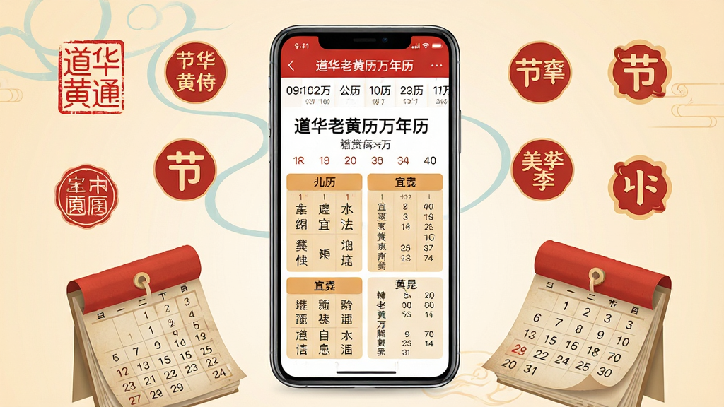 画面中央放置一部智能手机,手机屏幕上清晰展示“道华老黄历万年历”应用界面,界面中包含公历日期、农历日期、宜忌事项等板块,手机周围环绕着传统黄历元素如红色印章、节气图标、老式日历翻页造型,背景为浅米色渐变,布局采用居中构图突出手机主体,风格融合现代扁平化与传统中国风,细节上注重界面文字清晰可读、图标简洁明了,画质高清干净,无多余装饰元素