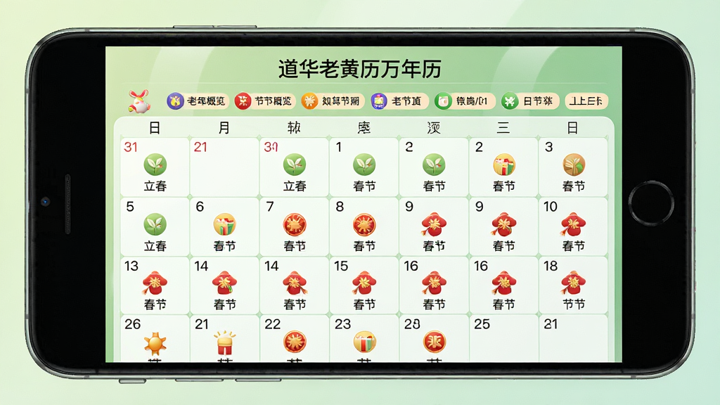 手机界面展示“道华老黄历万年历”的日历月视图,每个日期格内用小图标标注节气与节日,如“立春”“春节”等字样,屏幕上方有当月节气概览条,整体布局为规整的网格日历,风格清新浅绿配色,细节上图标精致、文字标注清晰,画质干净明亮,背景为柔和渐变