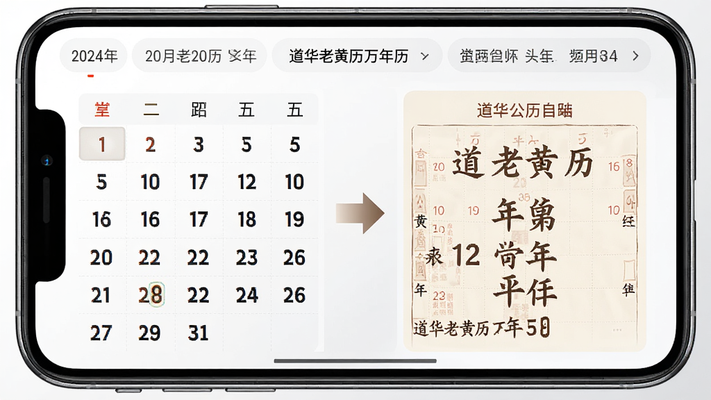 一部手机横屏展示“道华老黄历万年历”的双历对照界面,左侧为公历日期网格,右侧为对应农历信息面板,中间用箭头连接示意切换关系,屏幕上方有年份月份选择条,整体布局左右对称,风格为清爽浅色系,细节上突出日期数字与农历文字的对比度,画质清晰干净,背景为纯白到浅灰的柔和过渡