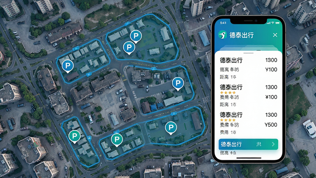 城市地图俯视视角,地图上标注多个停车场位置图标,手机界面悬浮显示“德泰出行”附近停车场列表,包含距离与费用信息,界面风格清爽,蓝绿色调,细节丰富,高清画质