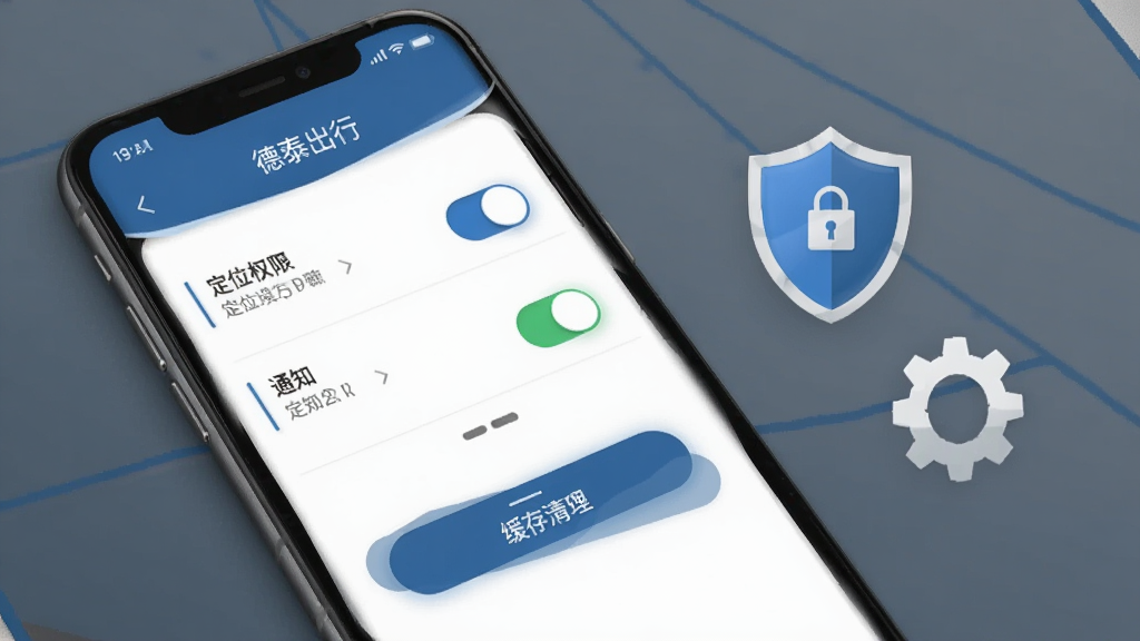手机屏幕展示“德泰出行”设置页面与权限管理界面,包含定位权限开关、通知开关、缓存清理按钮,画面旁边配以盾牌安全图标与齿轮设置图标,风格简洁商务,蓝灰色调,排版清晰,高清画质