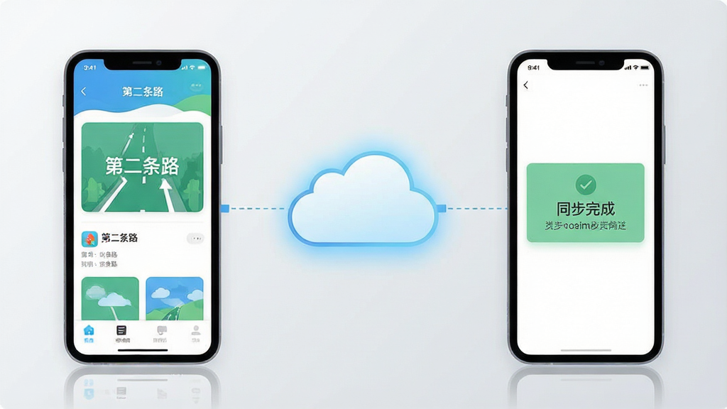 一张数据同步功能示意图,画面为两部手机之间通过云朵图标连接,左侧手机屏幕显示“第二条路”应用界面,右侧手机屏幕显示同步完成提示,布局为左右对称构图,风格为科技感扁平插画,细节上云朵带淡蓝色光晕、连接线为虚线、背景为浅灰渐变,画质清晰干净,无多余元素