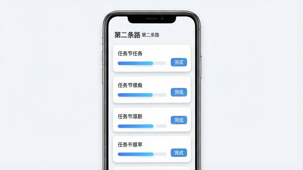 一张任务列表界面示意图,画面主体为手机屏幕内的任务卡片列表,每张卡片包含任务标题、进度条与完成按钮,屏幕上方显示“第二条路”应用名称,布局为纵向排列的卡片流,风格为清新浅色扁平设计,细节上卡片带轻微阴影、进度条为蓝色渐变,画质清晰干净,无多余元素