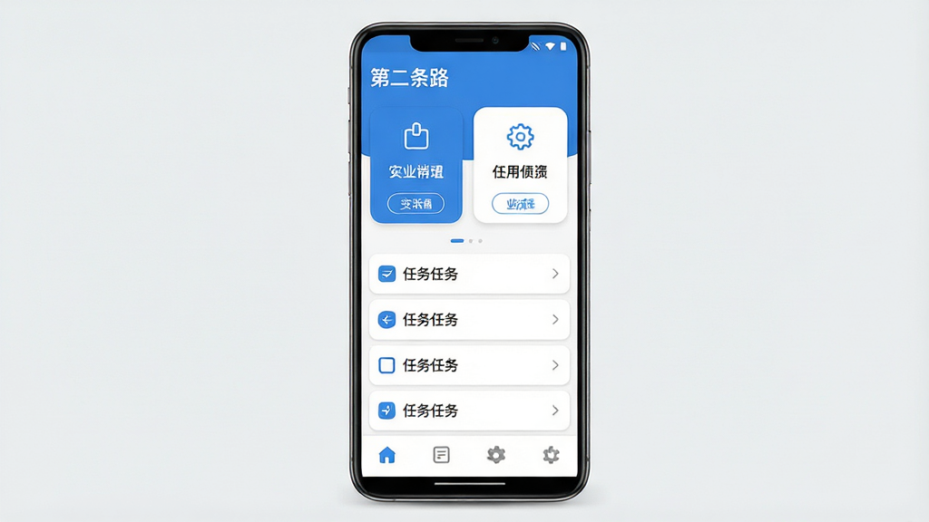 一张手机应用界面展示图,画面中央是一部竖屏安卓手机,手机屏幕上显示名为“第二条路”的应用主界面,顶部有应用名称文字“第二条路”,界面布局为上方卡片式功能入口、中部任务列表、底部导航栏四个图标,整体采用蓝白配色,风格简洁现代扁平化,细节上按钮圆角、图标线性、留白充足,画质清晰干净,无多余元素