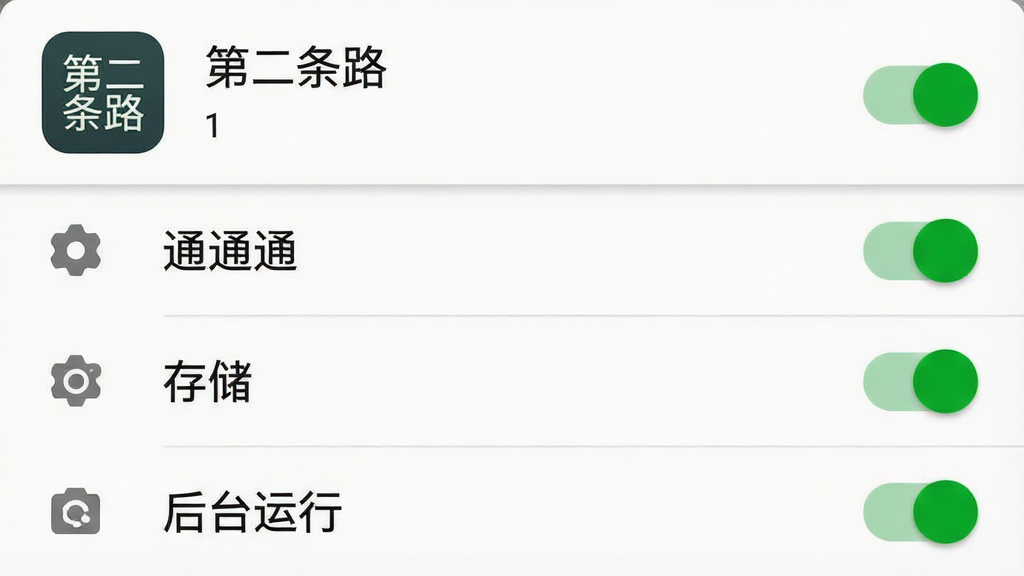 一张手机安全设置界面示意图,画面为安卓手机设置页面,显示权限管理列表,包含通知、存储、后台运行等开关项,页面顶部有“第二条路”应用图标与名称,布局为纵向列表式,风格为系统原生简洁风,细节上开关为绿色高亮、列表项带小图标,画质清晰干净,无多余元素